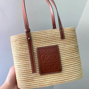 Loewe Small Square Basket Bag in Raffia and Calfskin